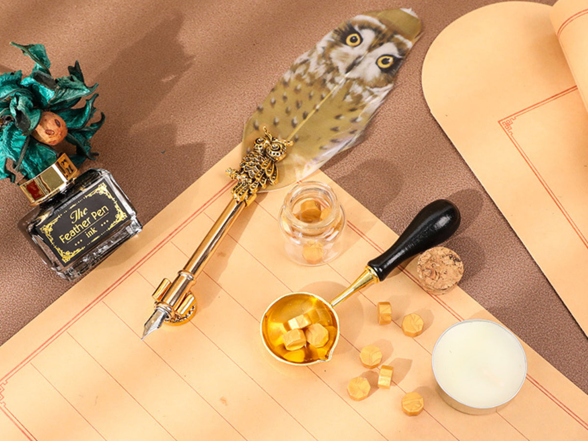 Juego de escritura - Pluma estilográfica con plumín, tinta y juego para sellos, personalizable mediante grabado