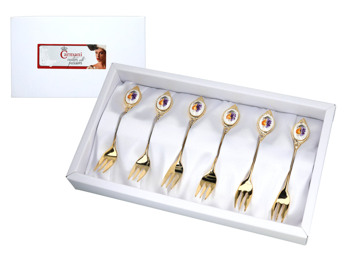 Juego de 6 tenedores pequeños, tenedores pequeños chapados en oro de 24K, motivo de frutas