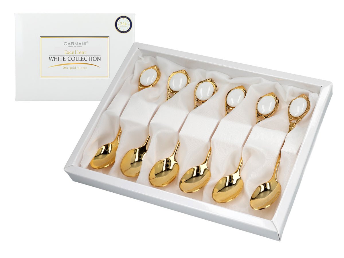 Juego de 6 cucharillas chapadas en oro de 24K Ojos blancos CARMANI, personalizable mediante grabado - regalo elegante para cualquier ocasión, dimensiones 13 cm
