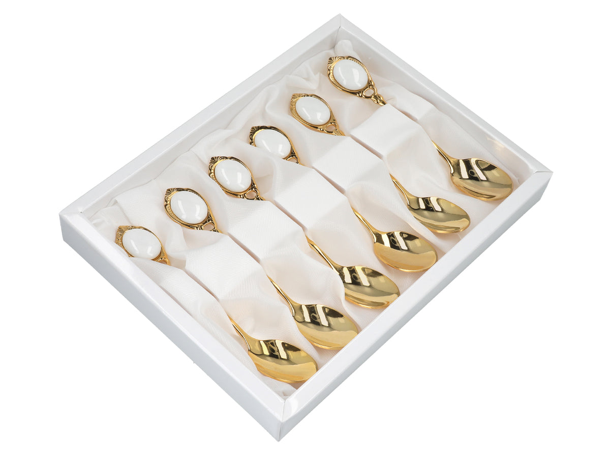 Juego de 6 cucharillas chapadas en oro de 24K Ojos blancos CARMANI, personalizable mediante grabado - regalo elegante para cualquier ocasión, dimensiones 13 cm