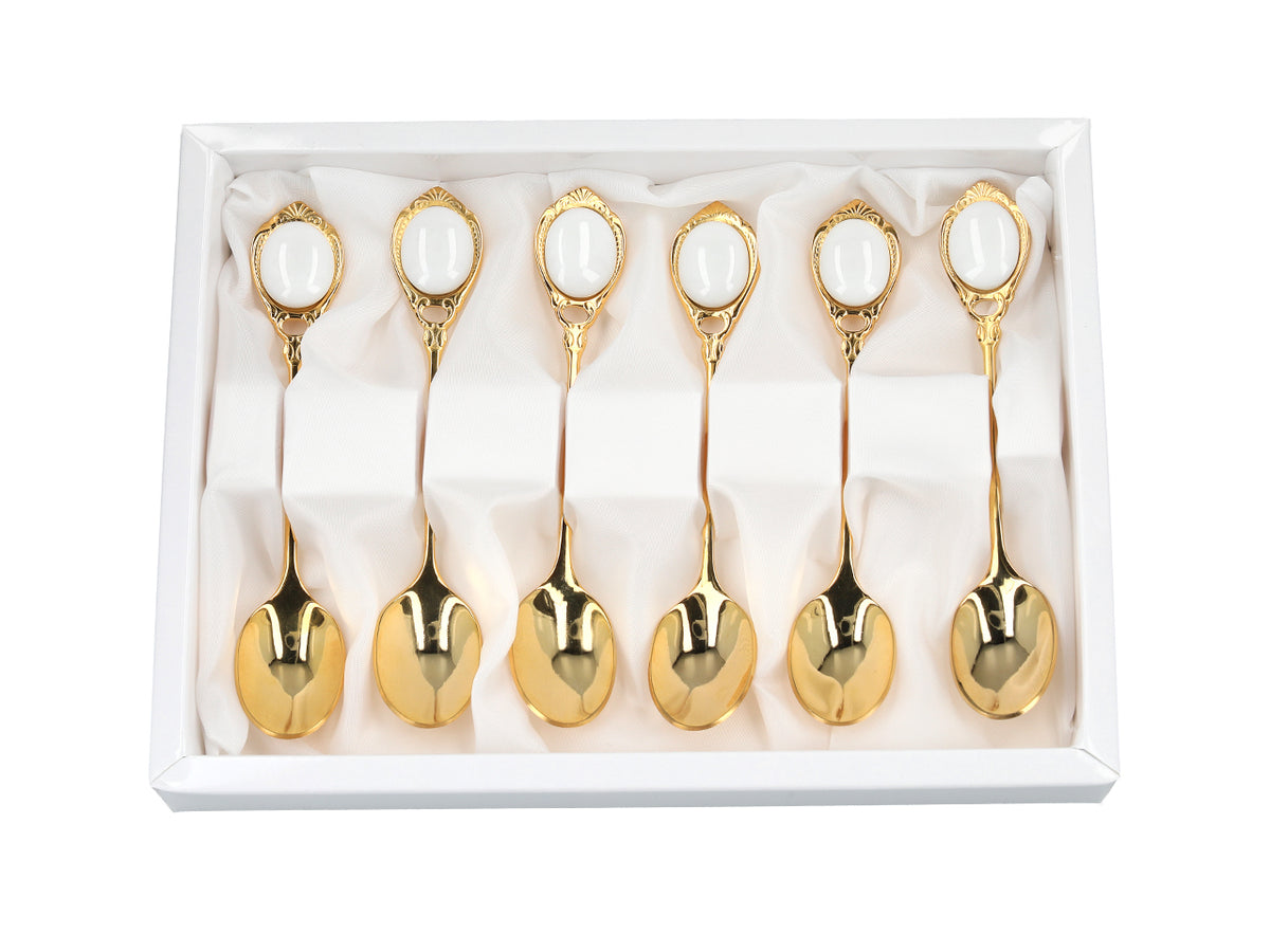 Juego de 6 cucharillas chapadas en oro de 24K Ojos blancos CARMANI, personalizable mediante grabado - regalo elegante para cualquier ocasión, dimensiones 13 cm