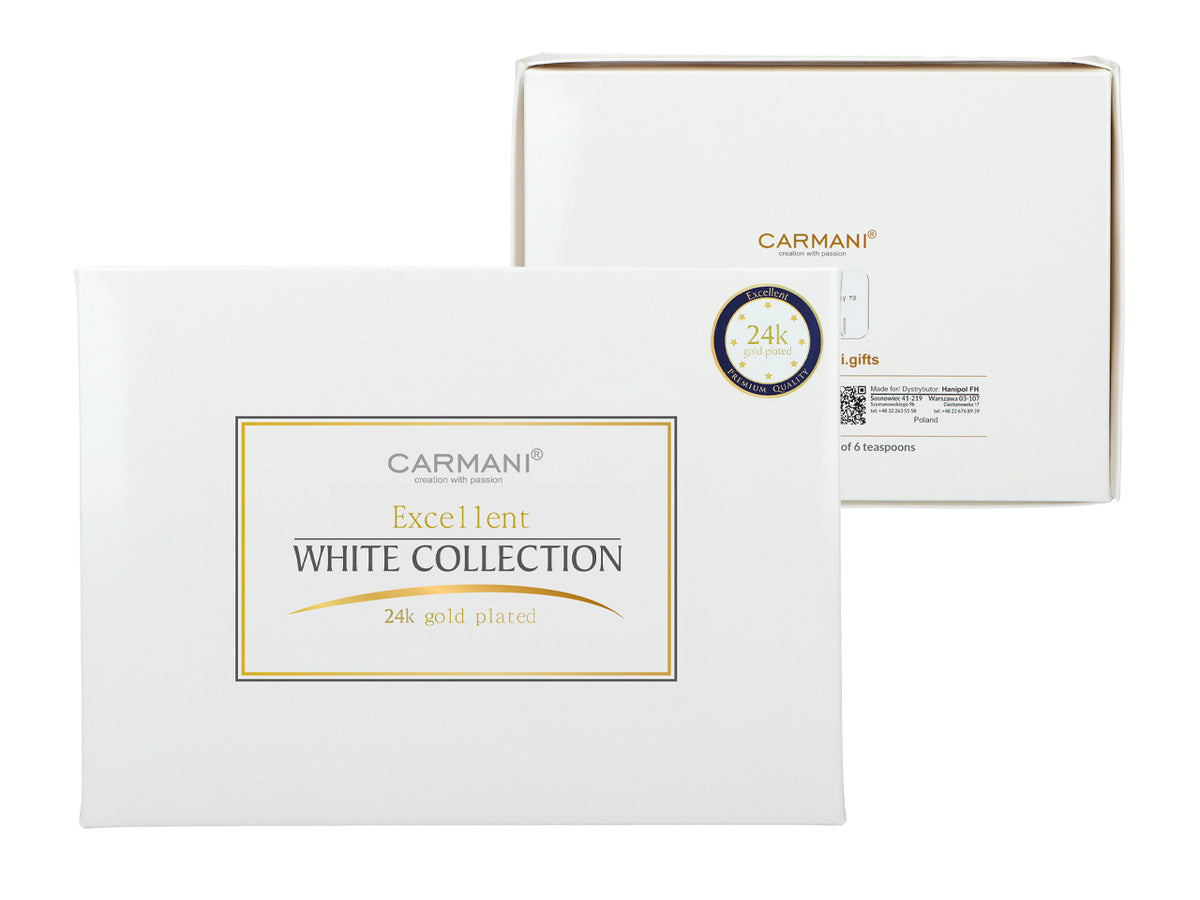 Juego de 6 cucharillas chapadas en oro de 24K Ojos blancos CARMANI, personalizable mediante grabado - regalo elegante para cualquier ocasión, dimensiones 13 cm