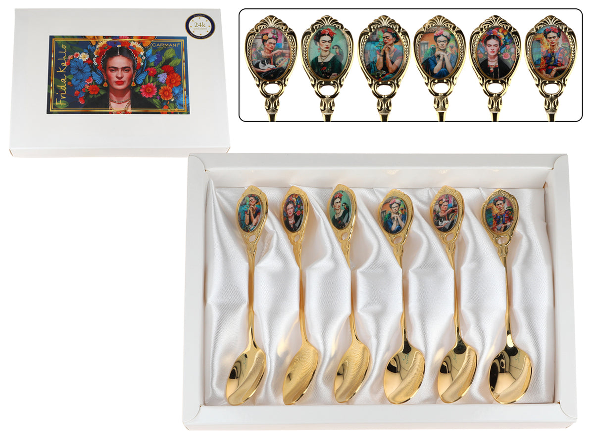 Set de 6 cucharillas recubiertas de oro de 24K F. Kahlo personalizable con grabado - elegantes cubiertos para regalo, 13 cm, CARMANI