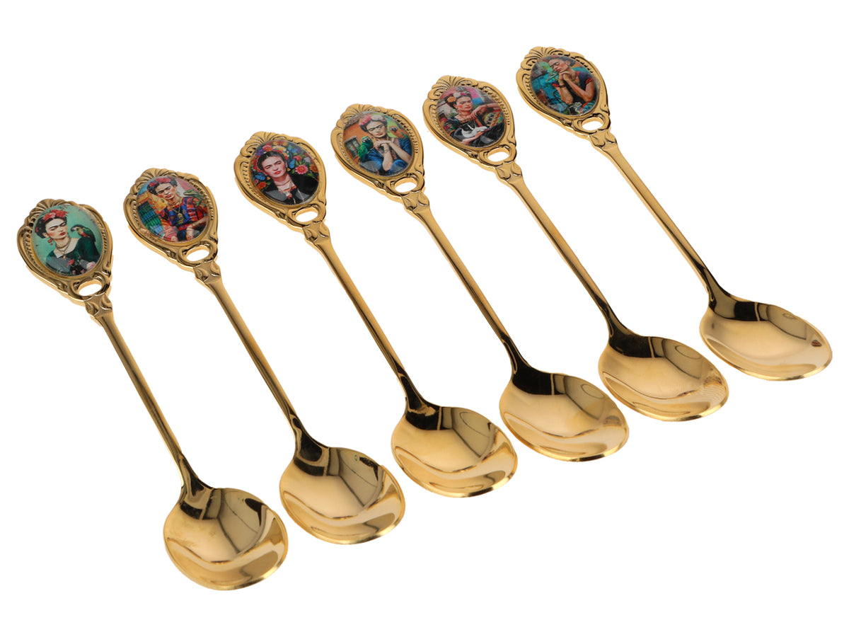 Set de 6 cucharillas recubiertas de oro de 24K F. Kahlo personalizable con grabado - elegantes cubiertos para regalo, 13 cm, CARMANI