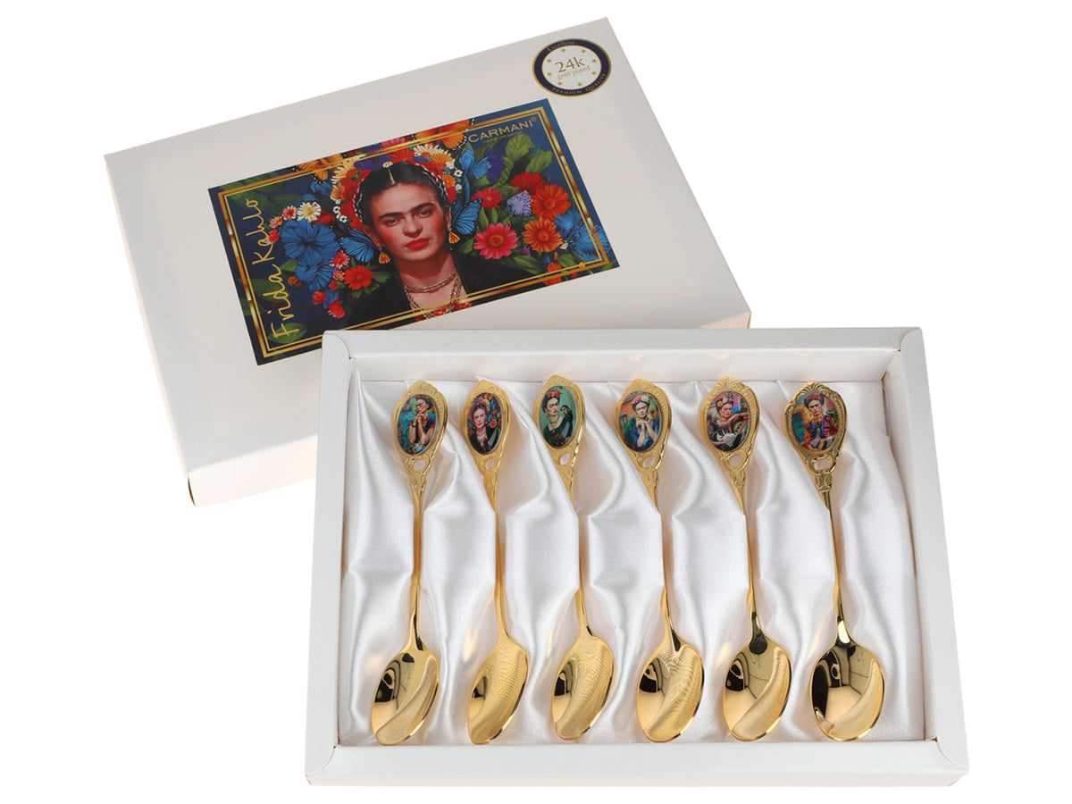 Set de 6 cucharillas recubiertas de oro de 24K F. Kahlo personalizable con grabado - elegantes cubiertos para regalo, 13 cm, CARMANI