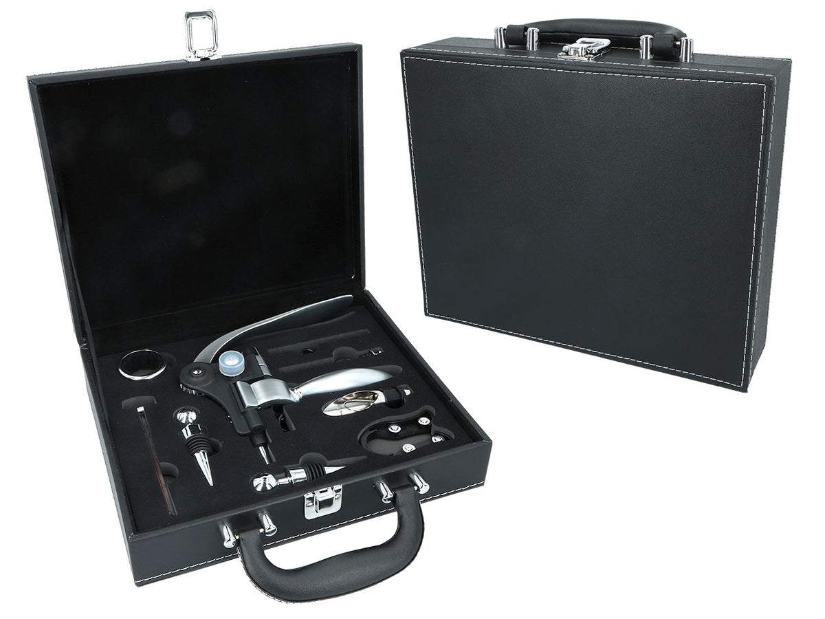 Set de accesorios para vino en un elegante maletín personalizable con grabado