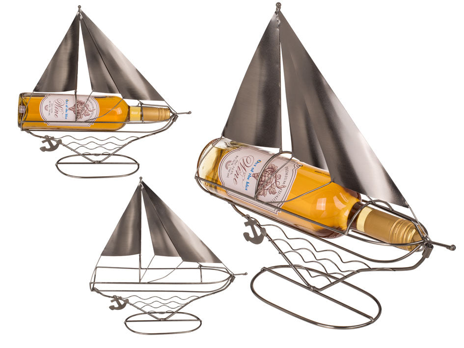 Soporte metálico para botella con forma de velero y posibilidad de personalización mediante grabado, 33 cm, ideal como regalo para amantes del ambiente marinero