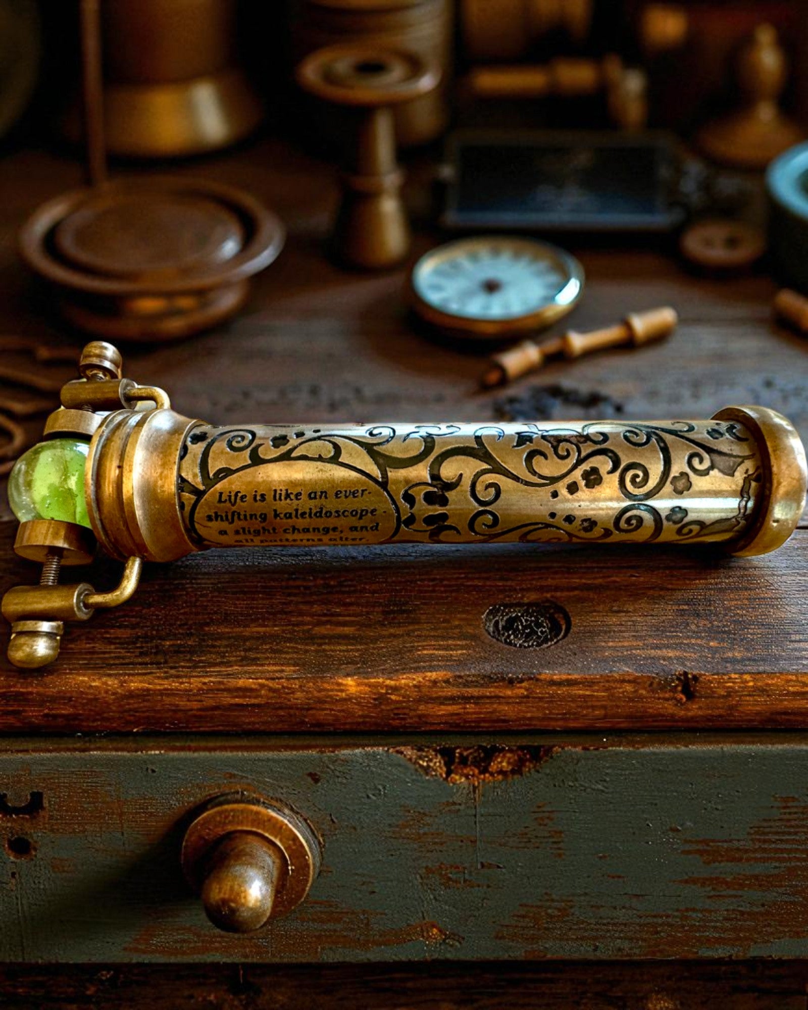 Caleidoscopio Vintage “Emerald Dreams”, 15 cm – hecho a mano, con opción de personalización mediante grabado para regalo