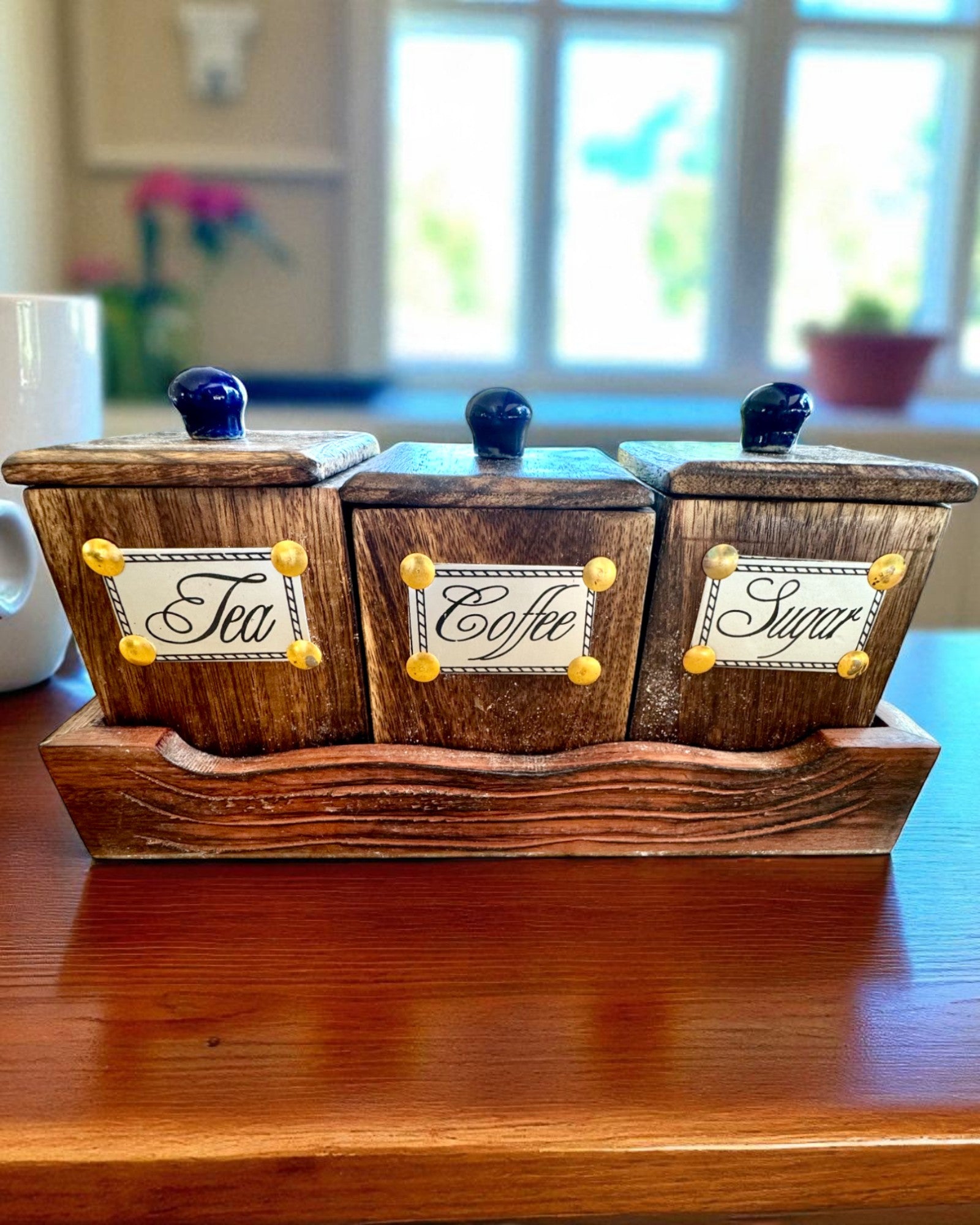 Conjunto Royal Trio – Té, Café, Azúcar de madera de Shisham, hecho a mano, con opción de grabado para regalo