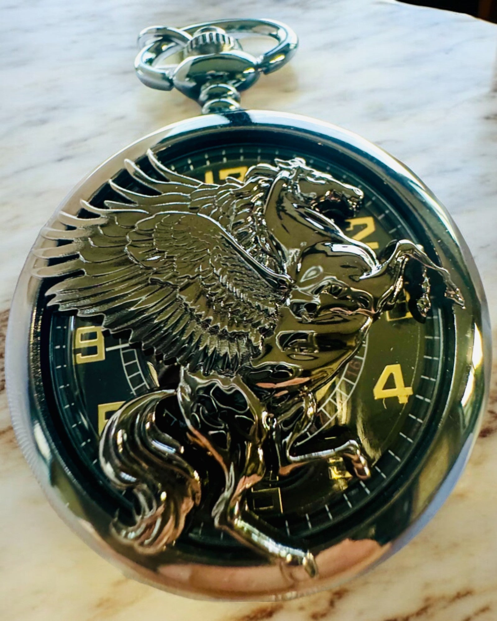 Reloj de Bolsillo "Equus Tempus" - Negro con Motivo de Caballo, posibilidad de personalización con grabado - esfera negra