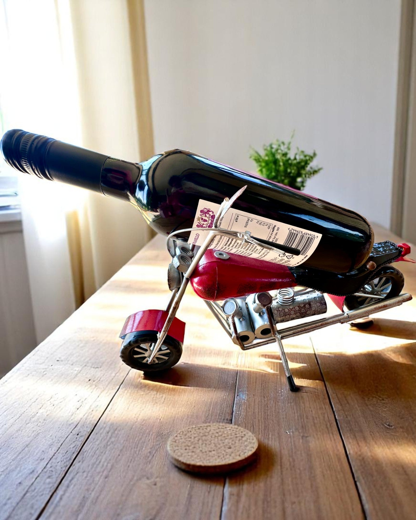 Soporte Metálico para Vino de 40 cm de longitud, en forma de motocicleta con opción de grabado para regalo