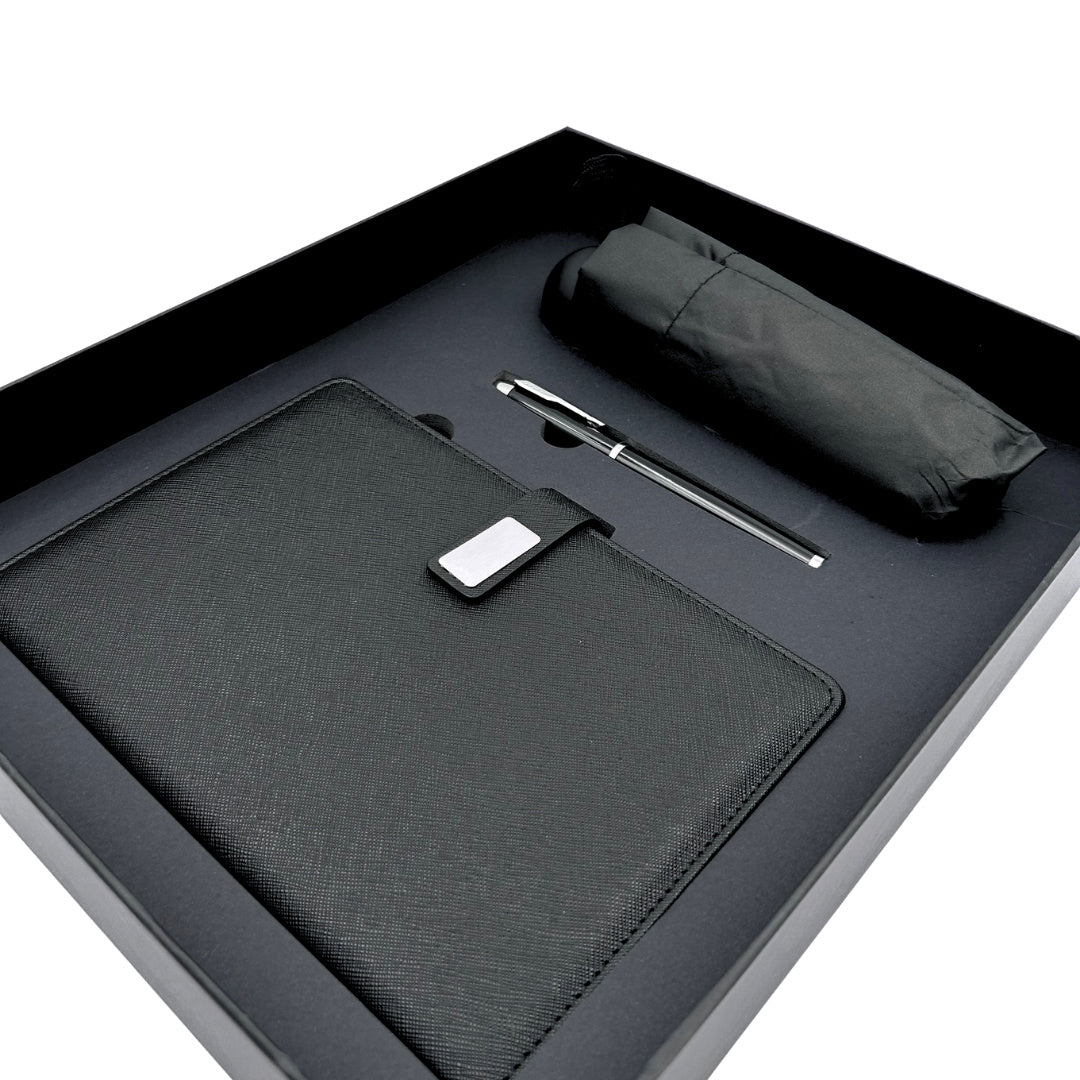 Set de Regalo Elegante con Personalización - Cuaderno de Piel A5, Bolígrafo y Paraguas Negro en Caja de Regalo