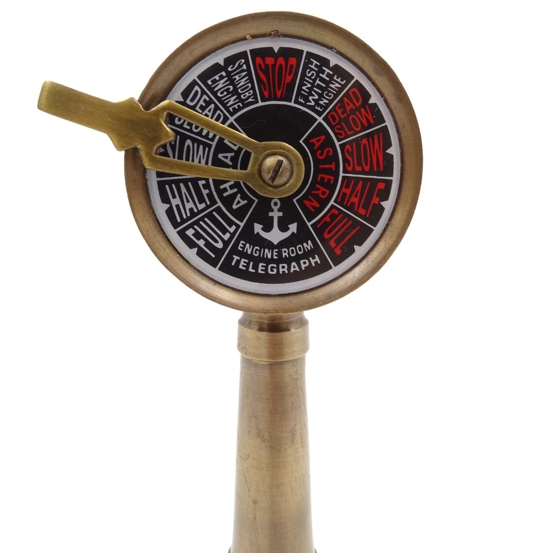 Telégrafo de máquina TG4 naval con grabado - Regalo personalizado en latón y madera, altura 16,5 cm, colores dorado y marrón