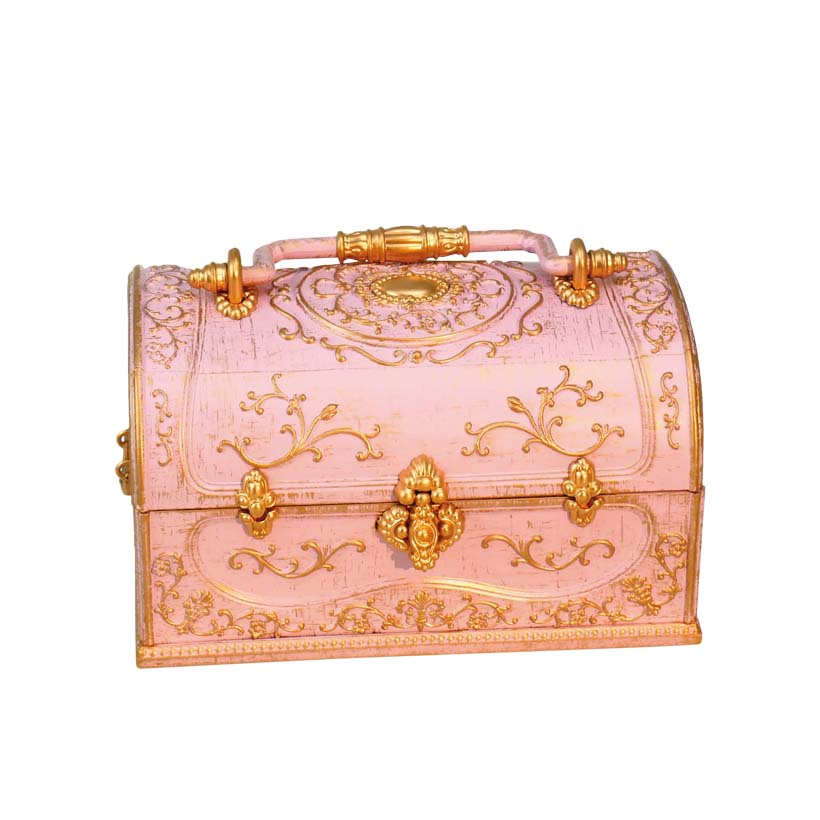 Caja de joyas con caja de música en color rosa con adornos dorados, posibilidad de grabado personalizado, ideal para regalo, dimensiones 18x11,8x11,8 cm