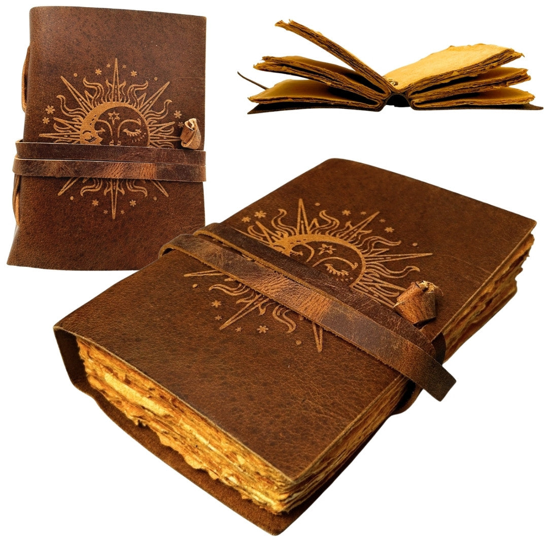 Cuaderno de Piel Vintage de 200 páginas con Grabado - Sol y Luna - Piel Natural de Búfalo - Ideal para Regalo - 18x13 cm - Elegante Diario con Papel de 150 GSM