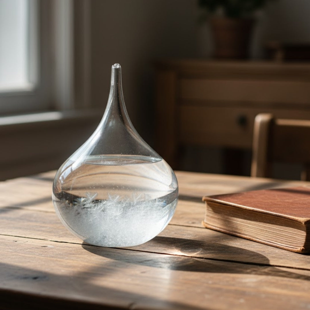 Barómetro de tormenta Fitzroya - Gota Storm Glass con posibilidad de personalización con grabado - regalo elegante en forma de gota, altura 11 cm, recipiente de vidrio con cristales únicos que reaccionan a cambios climáticos