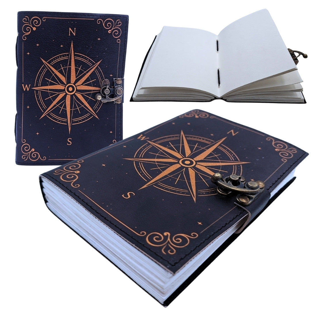 Cuaderno de cuero Rosa de los Vientos retro negro y dorado con grabado personalizado