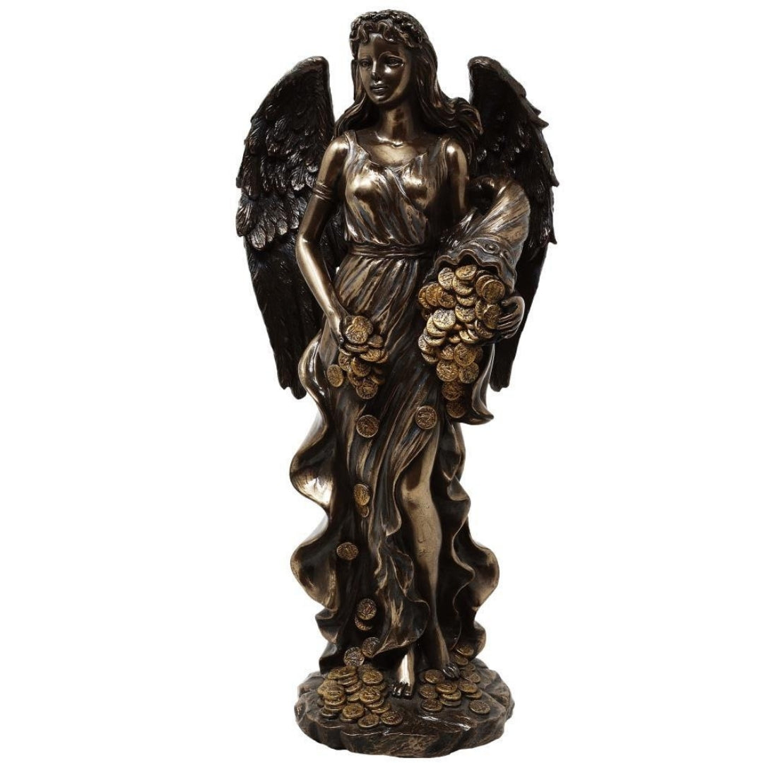 Figura de Fortuna, diosa de la suerte y la riqueza, 29 cm con cuerno de la abundancia - Grabado personalizado para regalo, elegante decoración de conglomerado de resina en tonos marrón y cobre