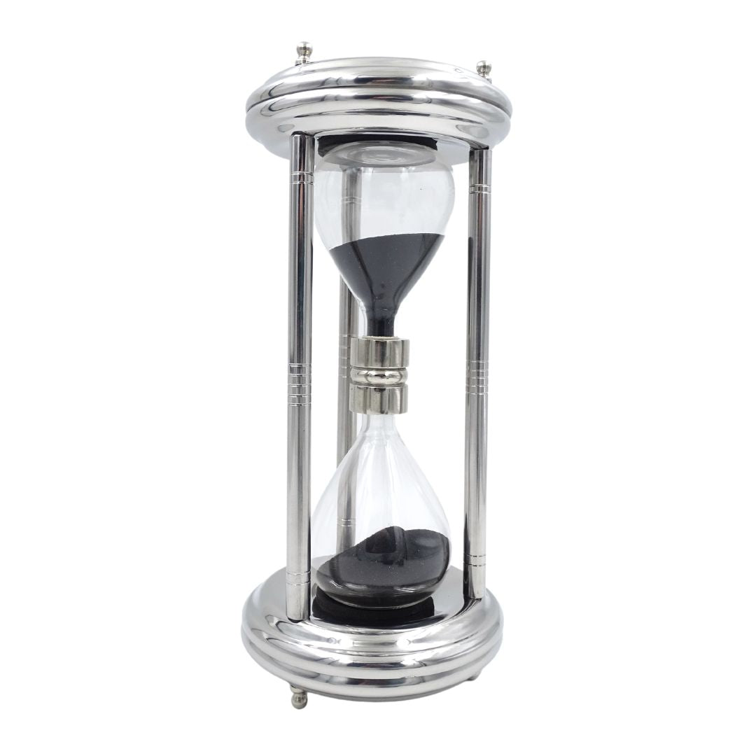 Reloj de arena grande plateado de 10 minutos con posibilidad de grabado