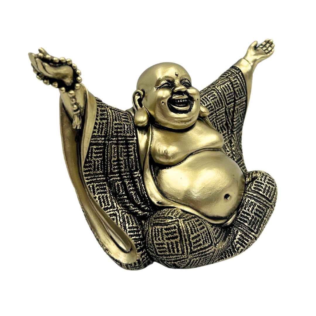 Figura de Buda alegre en dorado con opción de grabado personalizado - elegante decoración para regalo de 17,1 cm de altura en polyresina, simboliza riqueza y felicidad