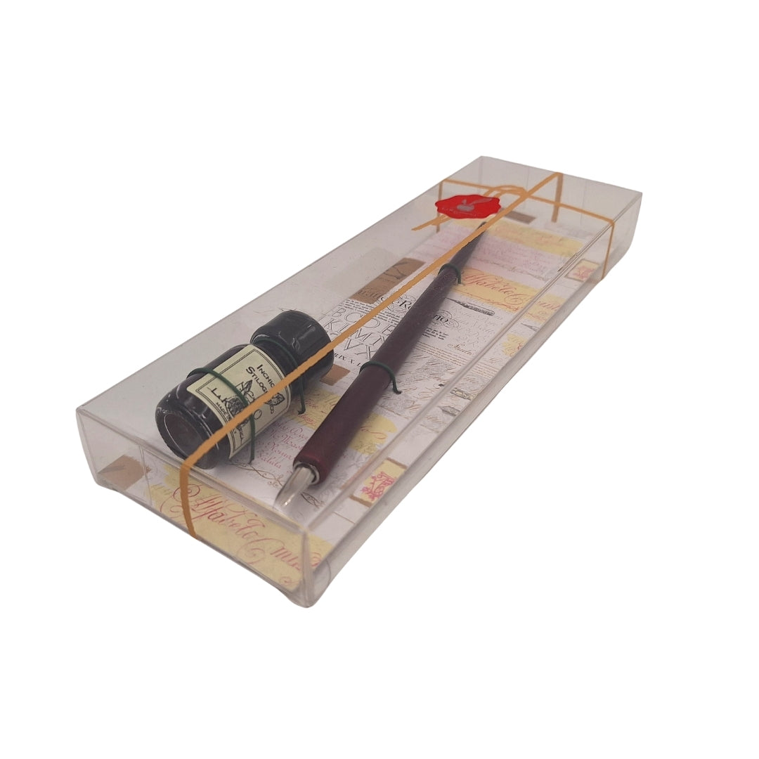 Set elegante de caligrafía con pluma de madera y tinta negra, posibilidad de personalización con grabado, ideal para regalo a amantes del arte de la escritura, en caja decorativa 7,5 x 22 x 3 cm