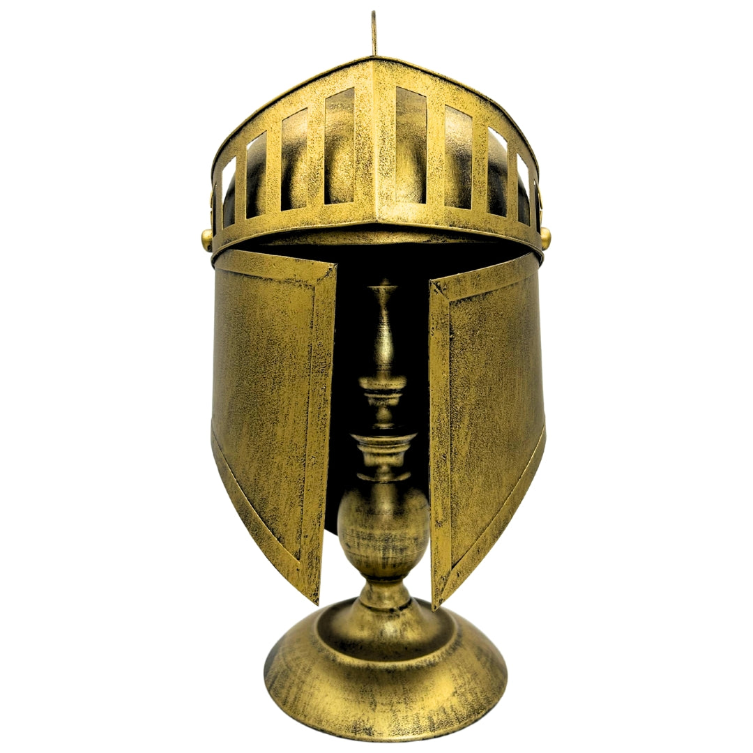 Casco decorativo griego retro de metal en estilo dorado