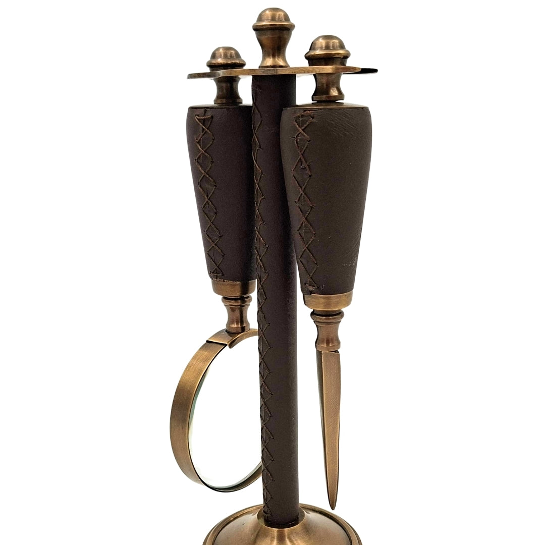 Set de oficina elegante de latón y cuero