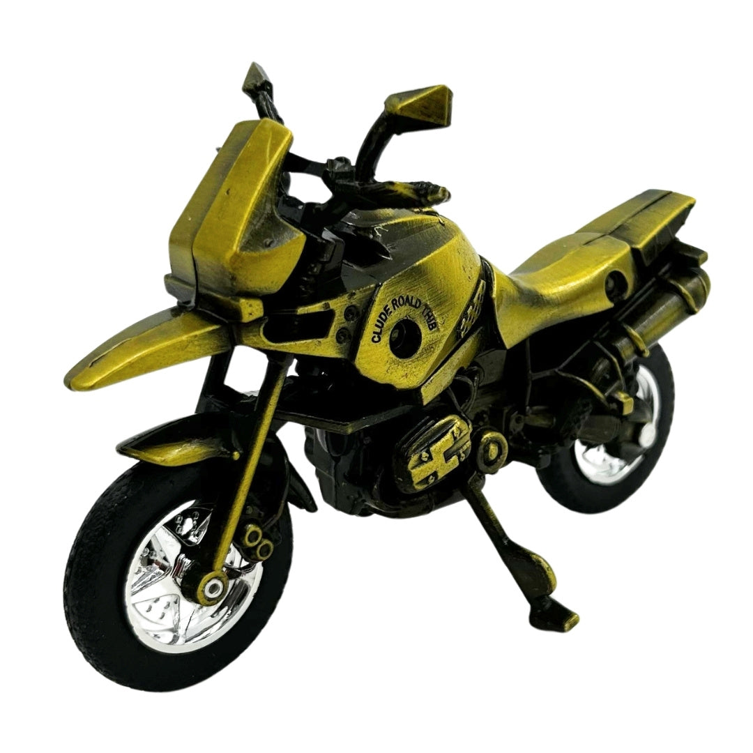 Modelo de motocicleta metálica HJ1 en color verde oscuro con posibilidad de personalización mediante grabado
