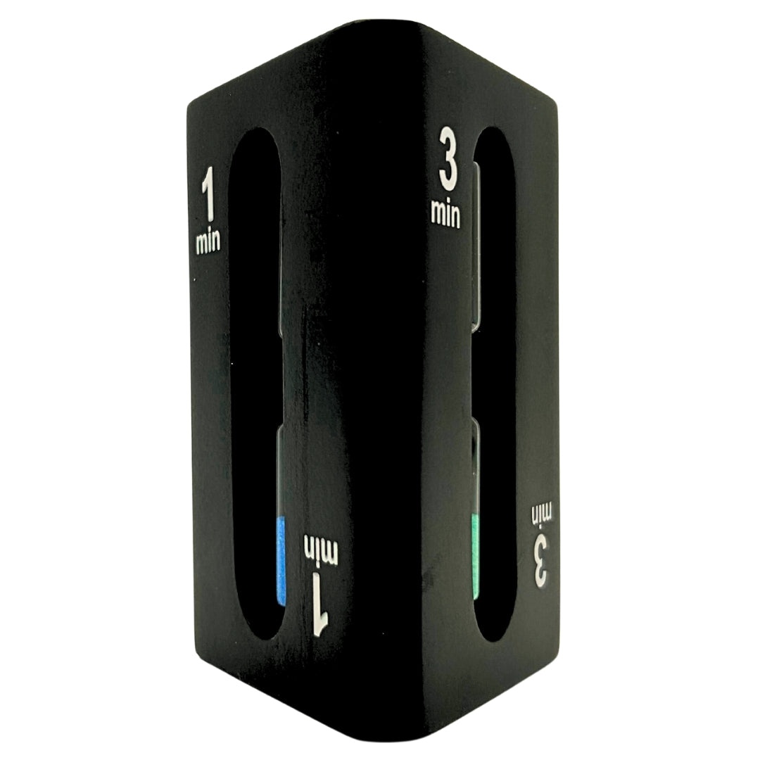 Reloj de arena triangular 1-3-5 minutos negro con posibilidad de grabado
