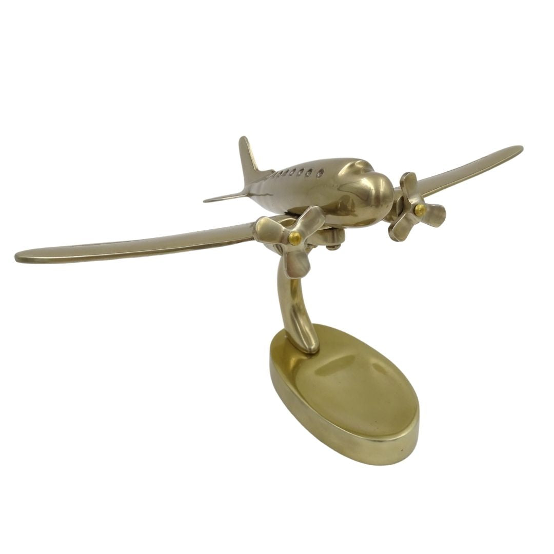 Modelo grande de avión metálico bimotor con opción de personalización con grabado, dorado, 19,5 x 16,5 x 29 cm