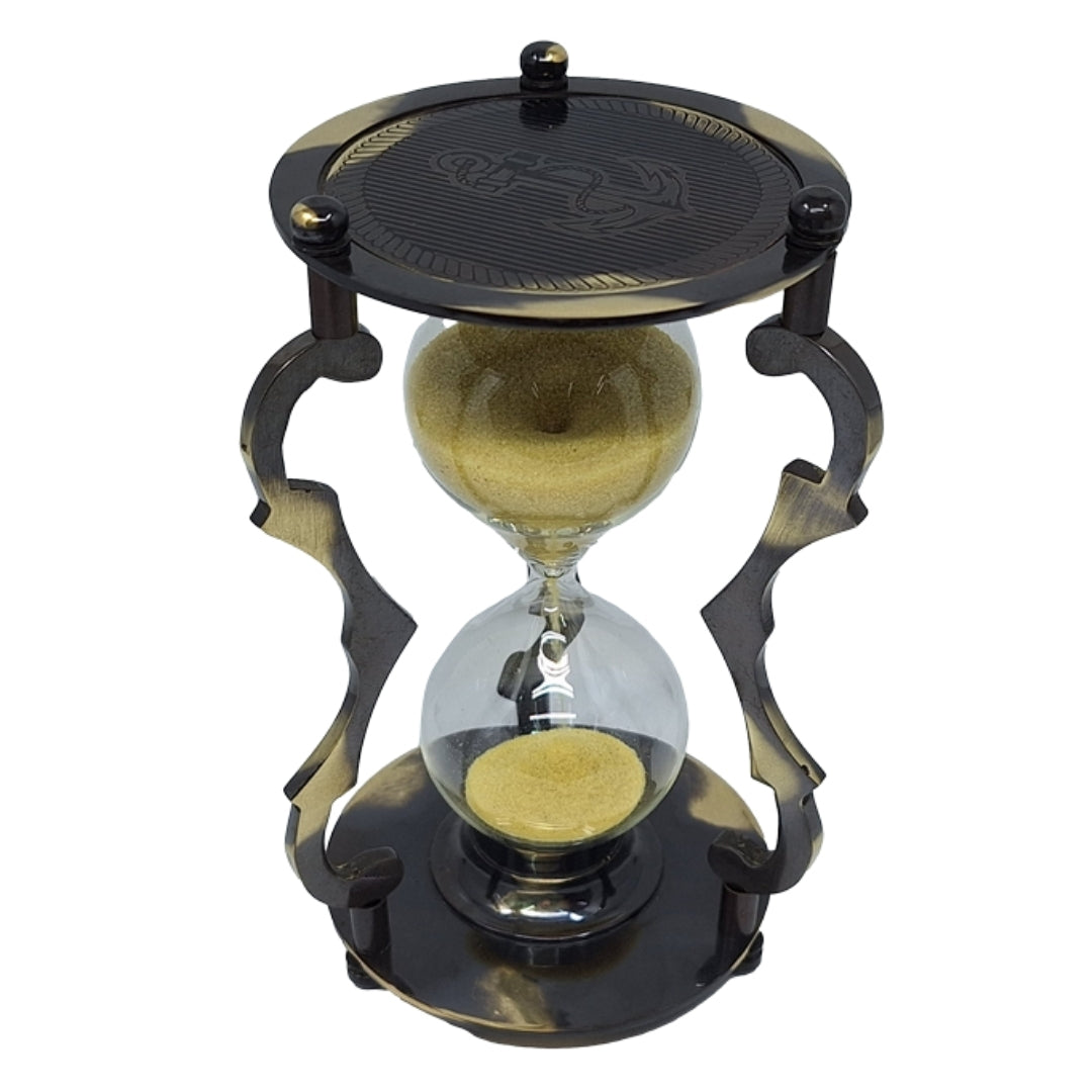 Elegante reloj de arena antiguo de latón 5 min con grabado