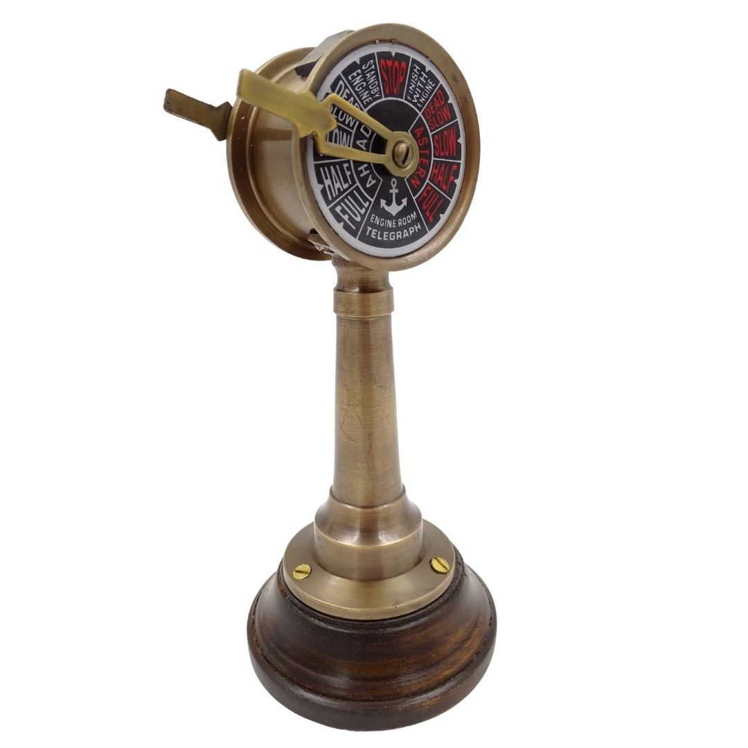 Telégrafo de máquina TG4 naval con grabado - Regalo personalizado en latón y madera, altura 16,5 cm, colores dorado y marrón
