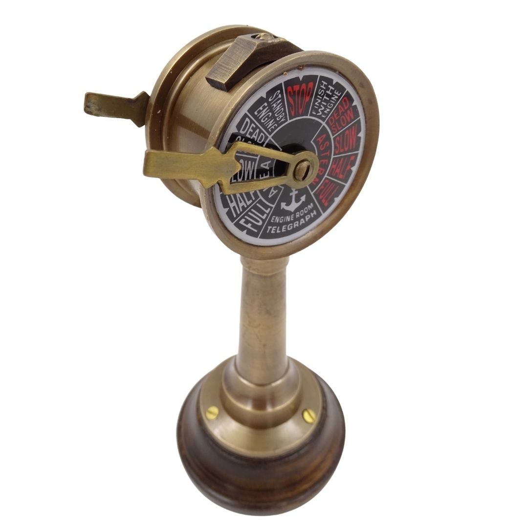 Telégrafo de máquina TG4 naval con grabado - Regalo personalizado en latón y madera, altura 16,5 cm, colores dorado y marrón