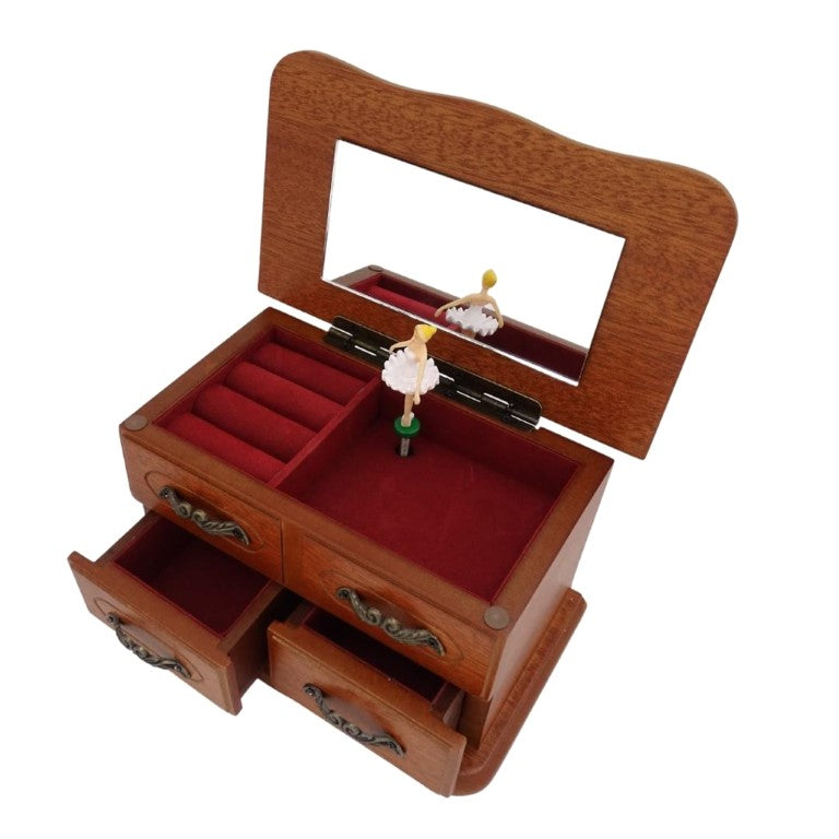 Caja de música de madera tipo joyero con espejo y grabado: un elegante regalo para joyas con dos cajones, 10cm de alto, melodía «The Entertainer»