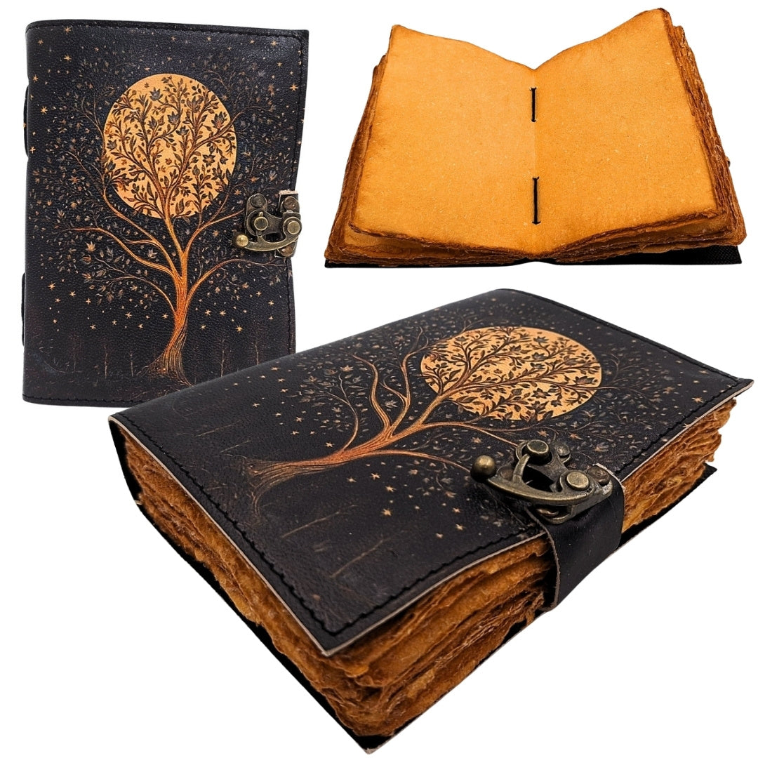 Cuaderno de cuero vintage retro Árbol y Luna de 200 páginas con posibilidad de personalización con grabado