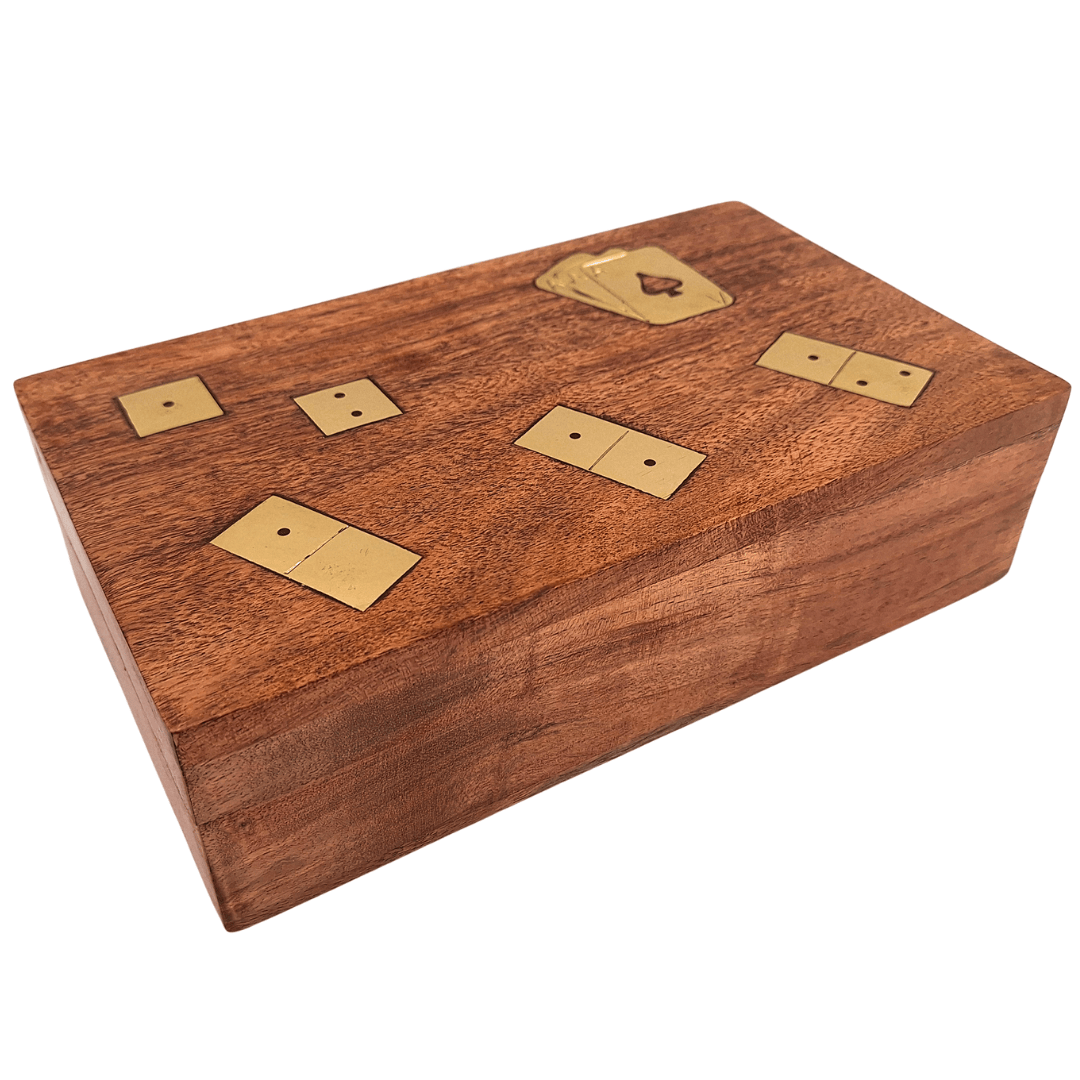 Set de juegos 3 en 1 en elegante caja de madera con posibilidad de personalización mediante grabado - Cartas, Dominó, Dados - Regalo ideal para amantes de juegos sociales - dimensiones: 22,5 x 13 x 6 cm, acacia con adornos de latón