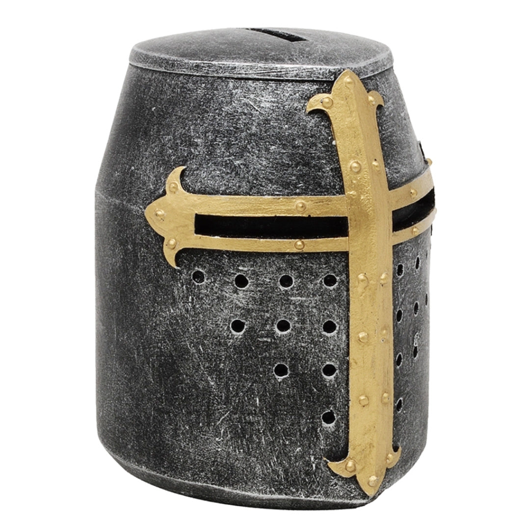 Hucha casco de caballero cruzado con personalización con grabado – regalo único estilo medieval, altura 10 cm, pintado a mano en poliresina