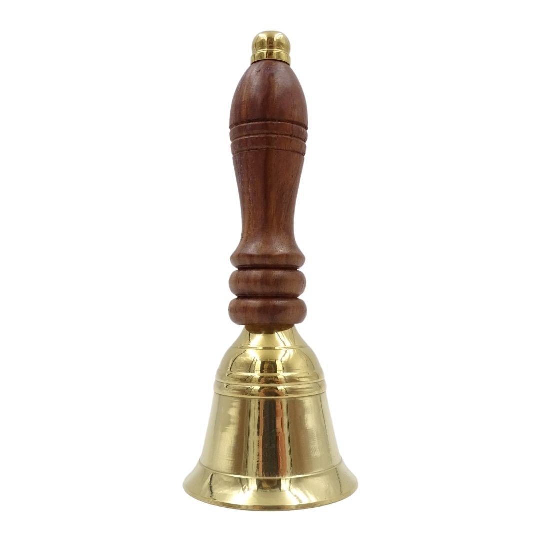 Campana manual retro de latón con mango de madera