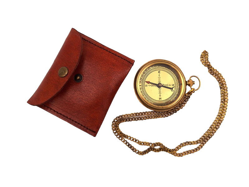 Brújula de latón con cadena en estuche de cuero con posibilidad de personalización mediante grabado