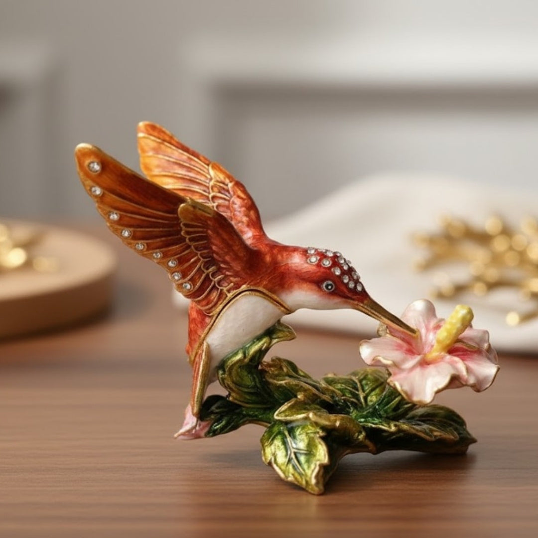 Exclusiva Caja Joyero Colibrí con Cristales, Grabado Personalizado, Metálica, 8x5.5x7 cm