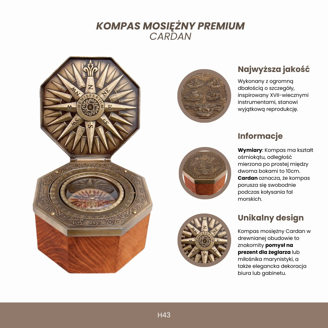 Brújula magnética cardán exclusiva H43 de latón y madera con grabado personalizado