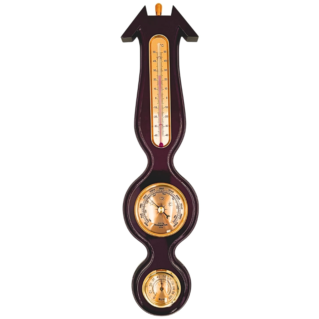 Elegante estación meteorológica 3 en 1 con grabado – termómetro, barómetro, higrómetro en madera oscura, 40 cm