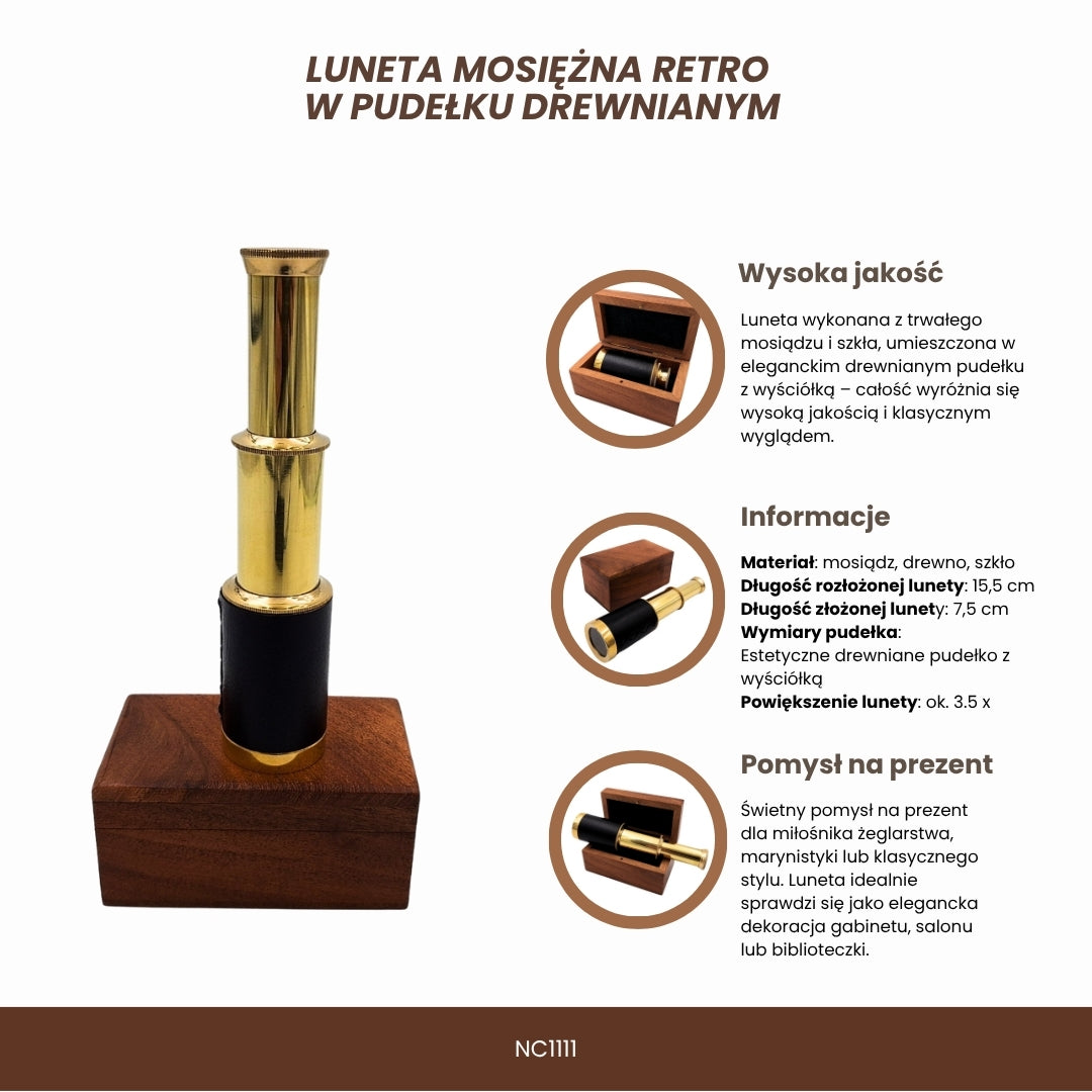 Catalejo de latón retro con grabado en caja de madera
