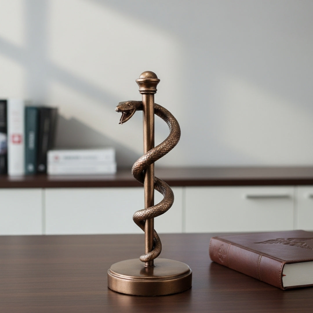 Figura del Bastón de Asclepio de 30 cm de resina - regalo personalizado para médico, enfermera o farmacéutico - decoración marrón/latón con grabado