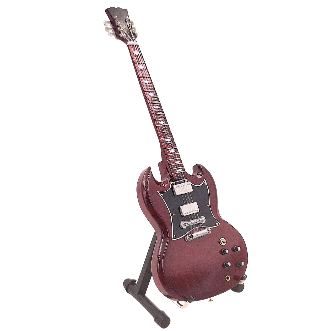 Mini guitarra AC/DC Angus Young MGT-0567 con posibilidad de grabado personalizado, ideal para regalo, hecha a mano en madera de caoba, color marrón, altura 27,5 cm