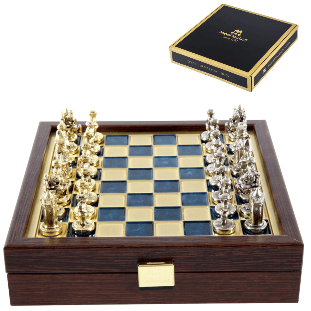 Elegante ajedrez premium de latón de 20x20cm, estilo bizantino, con grabado personalizado - Regalo ideal para ajedrecistas y amantes de la historia - Piezas hechas a mano con acabado dorado y plateado