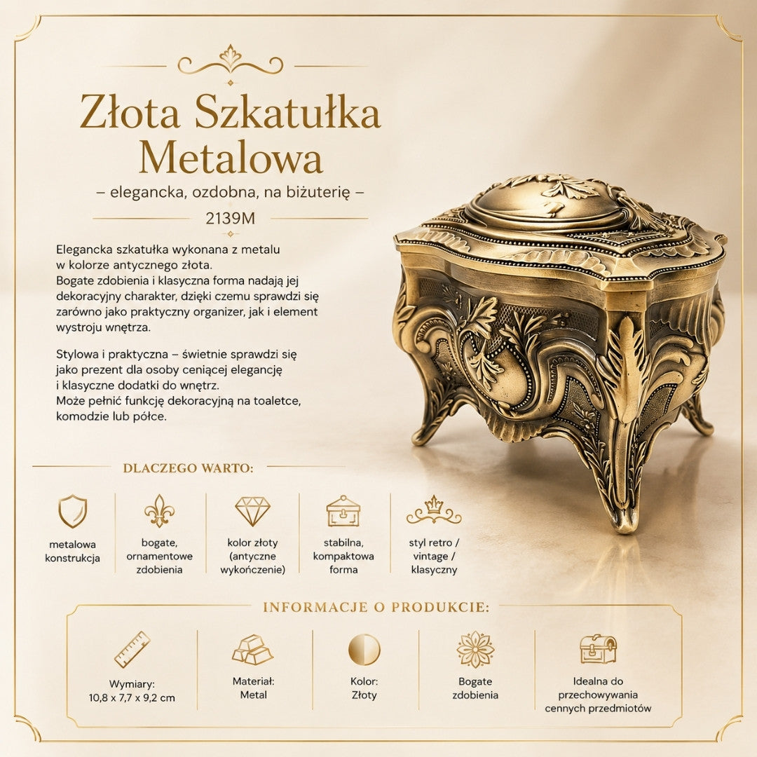 Caja metálica dorada para joyas retro con posibilidad de personalización mediante grabado - Elegante y ricamente decorada, ideal para regalo - Dimensiones: 10,8 x 7,7 x 9,2 cm, maciza y llamativa, perfecta para guardar objetos valiosos