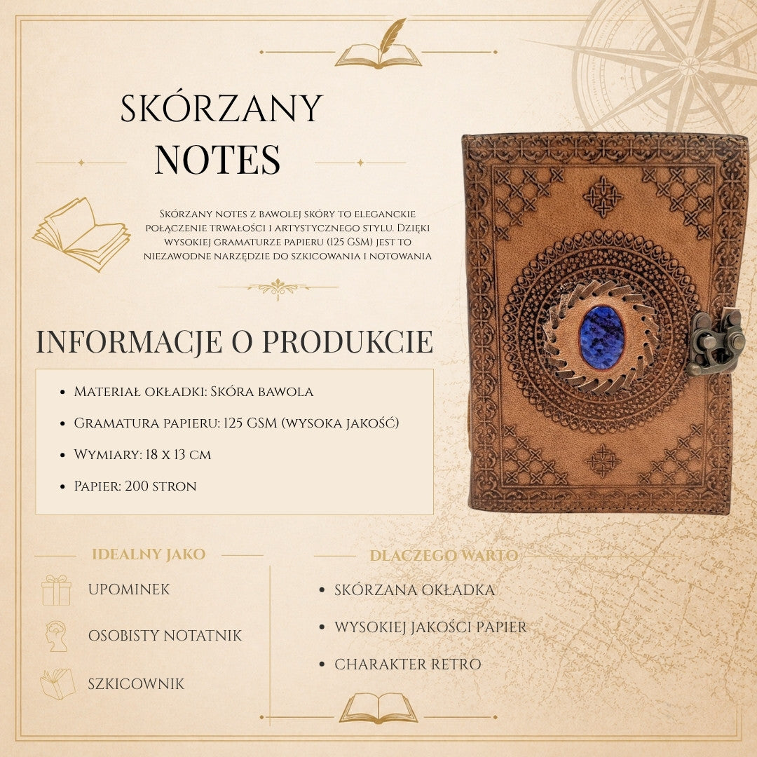 Cuaderno de Piel Retro con Piedra - Cuaderno Personalizado con Grabado - Piel de Búfalo, Marrón, 18x13 cm