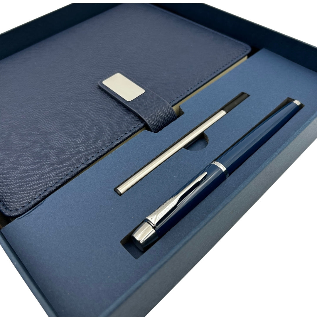 Cuaderno de Piel Azul Marino Elegante A5 con Bolígrafo y Grabado Personalizado en Caja de Regalo