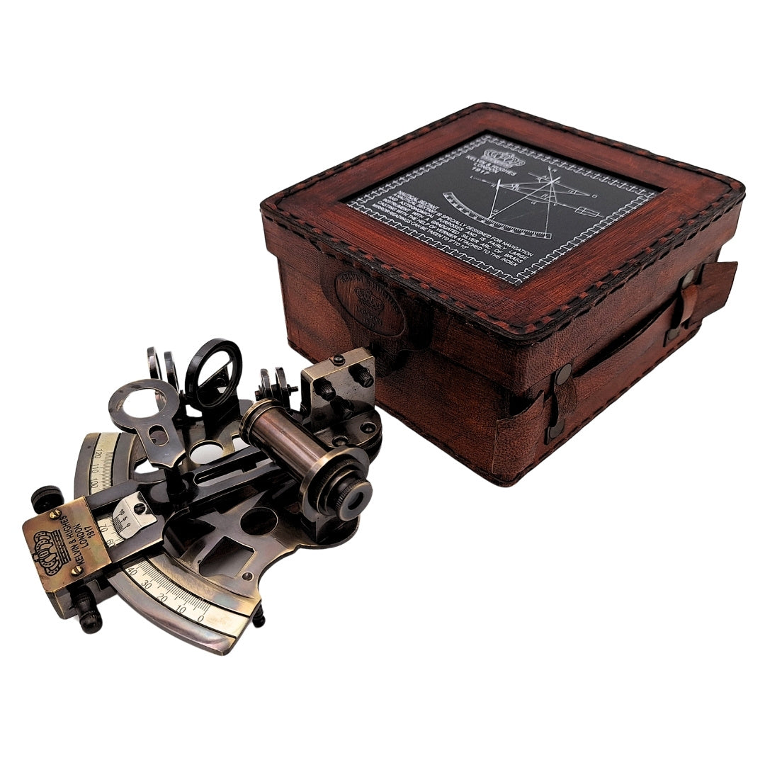 Sextante de latón con grabado en caja de cuero - réplica de 1917, ideal para regalo a navegantes y astrónomos, dimensiones 13x12x6 cm, antigüedad, material: latón y vidrio